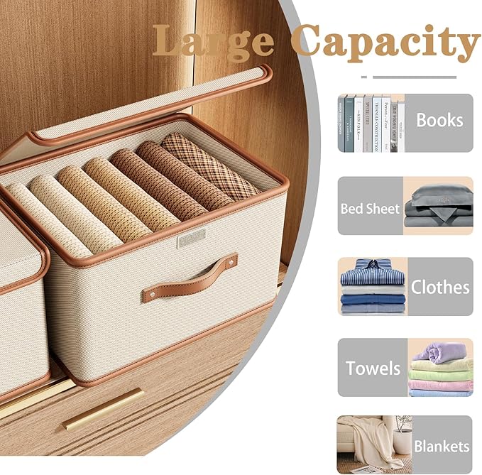 Tuza 4 Pack Storage Bins with Lids, Collapsible Closet Organizer Container, Fabric Organizer Box with Handles, Decorative Storage Boxes with Lids for Organizing Clothes, Books, File, White, Medium-Ruum Studio Home