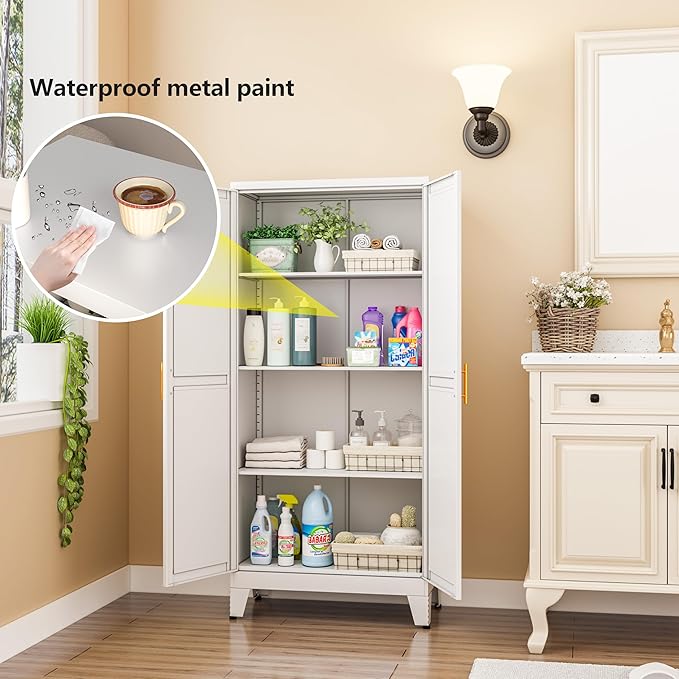 White Metal Storage Cabinet, 48" Steel Cabinets for Home Office, Kitchen Pantry Storage Cabinet with Doors and 3 Adjustable Shelves, for Office, Home, Garage, School-Ruum Studio Home
