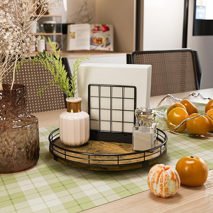 Lazy Susan Turntable Organizer for Table Top, 10’’ Round Wooden Lazy Susan for Cabinet Kitchen Countertop Pantry Dining Coffee Table for Condiments Spices, Rustic Bathroom Vanity Tray for Soap Candle-Ruum Studio Home