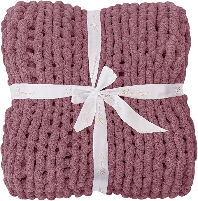 Bigacogo Chunky Knit Throw Blanket for Couch, 40x80 inches, 100% Hand Knitted with Thick Jumbo Chenille Yarn, Cozy Soft Large Rope Knot Cable Crochet Blankets for Sofa Bed Living Room, Burnt Rose-Ruum Studio Home