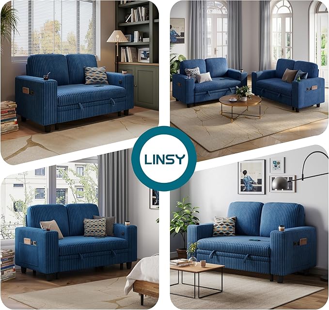 LINSY HOME Loveseat Sofa with Pull Out Couch Chaise: 2-in-1 Convertible 2 Seater Sofa with USB Charging & Cup Holders, Comfy Plush Corduroy Love Seat for Small Spaces Living Room Apartment, Blue-Ruum Studio Home
