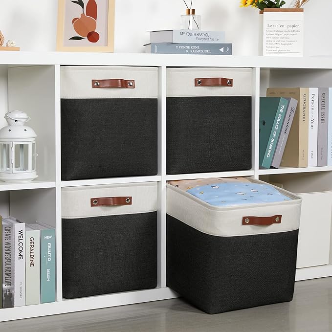 DULLEMELO Storage Baskets, 13 Inch Cube Storage Bins for Shelves Closet Nursery Toy Storage, Foldable Linen Closet Organizers Storage Baskets for Toy Closet Storage?4 Pack - 13" White&Black)-Ruum Studio Home