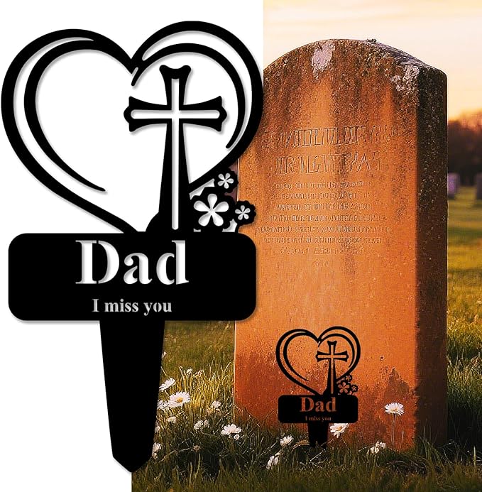 Dad Memorial Grave Stake, Cemetery Decorations for Grave Markers 12.5 x 7.2 inch Heart Metal Sympathy Stakes Graveside Plaque Decor Sign for Father Graves, Yard, Garden - Black-Dad-Ruum Studio Home