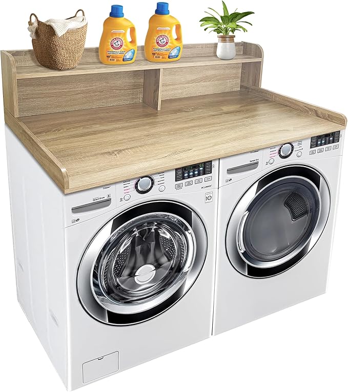 Royxen Laundry Countertop with 2-Tier Shelf Universal Fit, Washer and Dryer Countertop with Storage Space, Shelf Height 11.5 Inches, White Oak-Ruum Studio Home
