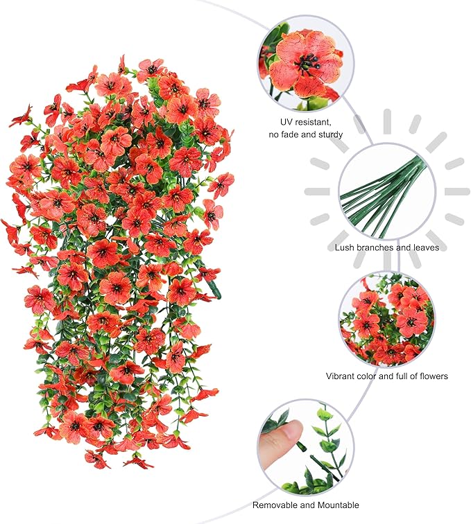 INSPRING Fall Fake Mums Artificial Flowers Hanging Decoration for Outdoors, 2Pcs Orange Daisy with Autumn Eucalyptus Leaves, Realistic Plants Decor, Silk Flower for Porch Patio Balcony Planter Yard-Ruum Studio Home