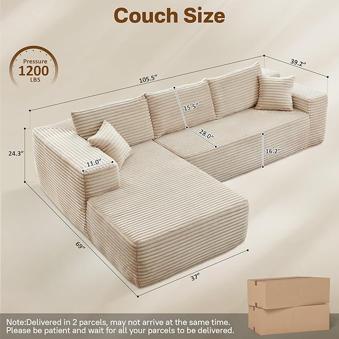 104" Cloud Sectional Couches for Living Room,L Shaped Boneless Couch in A Box,Sleeper Sofa with Comfy Chaise No Assembly Required,Beige-Ruum Studio Home