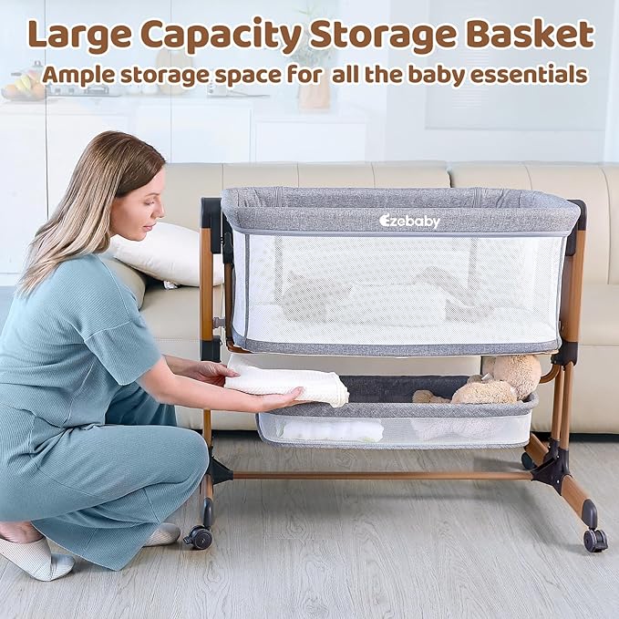 Ezebaby 3-in-1 Baby Bassinet, Rocking Baby Bassinets Bedside Sleeper, Adjustable Portable Crib for Newborn Infant with Wheels Storage Basket and Mesh Sides-Ruum Studio Home