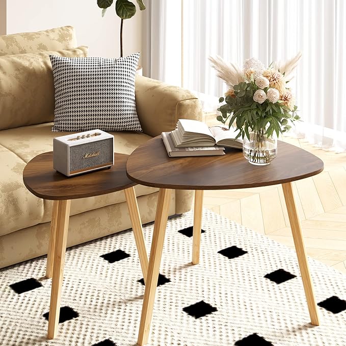 BAMEOS Bamboo Nesting Triangle End Table,Set of 2 Coffee Table Modern Minimalist Side Table for Living Room (Walunt)-Ruum Studio Home