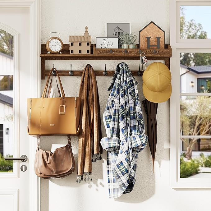 AMBIRD Coat Rack Wall Mount, 35 inch Large Wall Hooks with Shelf, Entryway Shelf with 7 Dual Coat Hooks 4 Key Hooks Mail Organizer, Wooden Coat Hanger and Key Holder Wall Mount-Ruum Studio Home