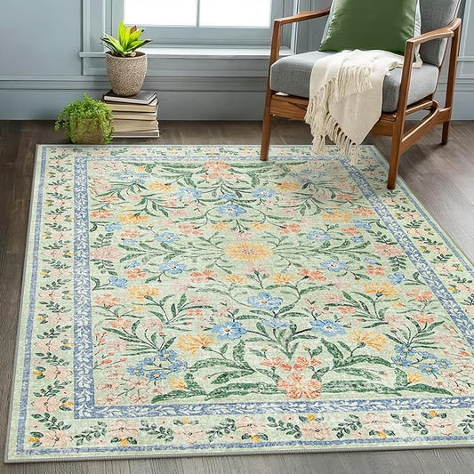 Wonnitar Machine Washable 5x7 Area Rug, Boho Floral Rugs for Living Room Non-Slip, Soft Pink and Green Flower Ultra-Thin Non Shedding Carpet for Bedroom Dining Room Nursery-Ruum Studio Home