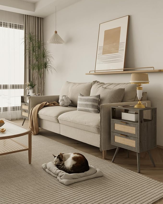 Rattan Nightstand with Charging Station,Modern Bedside Table with 2 Storage Drawer and Open Wood Shelf, for Bedroom and Small Spaces,Night Stand with Solid Wood Legs (Grey Oak)-Ruum Studio Home