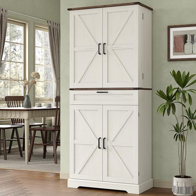 72'' Kitchen Storage Pantry Cabinet, Tall Storage Cabinet with 8 Door Shelves, 2 Cabinets and 1 Drawer, Freestanding Cupboard for Kitchen, Dining Room, Bathroom, Laundry, Off White-Ruum Studio Home