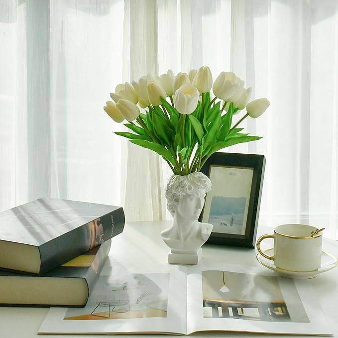 Mandy's Artificial Tulips 12 Stems White PU Faux Flowers for Wedding Home Decor 13.5 Inch-Ruum Studio Home