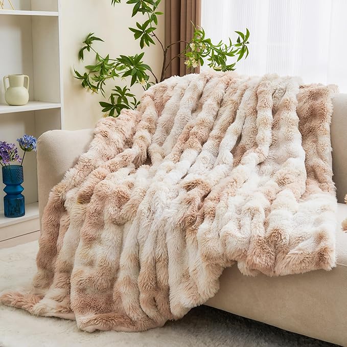 RYNGHIPY Faux Rabbit Fur Bed Throws Fluffy Warm Throw Blanket for Sofa Couch Soft Plush Decorative Blanket Thick and Heavy Cute Bubble Furry Blanket (Light Tan, 63''x79'')-Ruum Studio Home