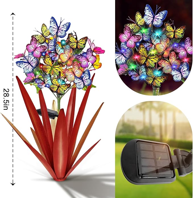Homight Solar Metal Agave Butterfly Flower Stick Garden Sculpture - Outdoor Christmas Lights, Swaying Solar Lights Gift (2 PCS RED)-Ruum Studio Home