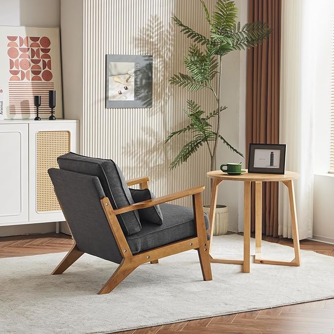 Karl home Accent Chair Wide Armrest Mid-Century Lounge Chair Linen Fabric Armchair with Lumbar Pillow & Solid Wood Frame for Living Room, Bedroom, Balcony, Gray-Ruum Studio Home