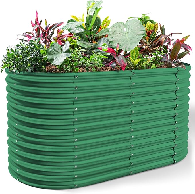 Land Guard 8x4x3ft Oval Galvanized Raised Garden Beds, Large-Capacity Metal Planter Box Outdoor, Durable Deep Raised Garden Bed 3ft Tall, Raised Beds for Gardening Vegetables, Forest Green-Ruum Studio Home