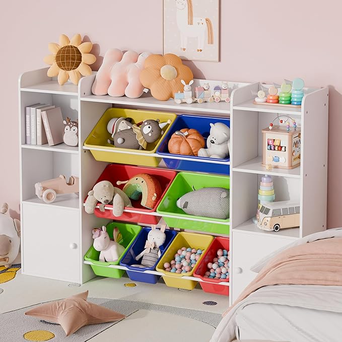Xilingol Kids Toy Storage Organizer W/8 Removable Toy Bins, 4-Tier Toy Organizers W/6 Storage Cubbies, Kid Bookshelf and Toy Storage for Playroom, Bedroom, Kids Room, Classroom-Ruum Studio Home