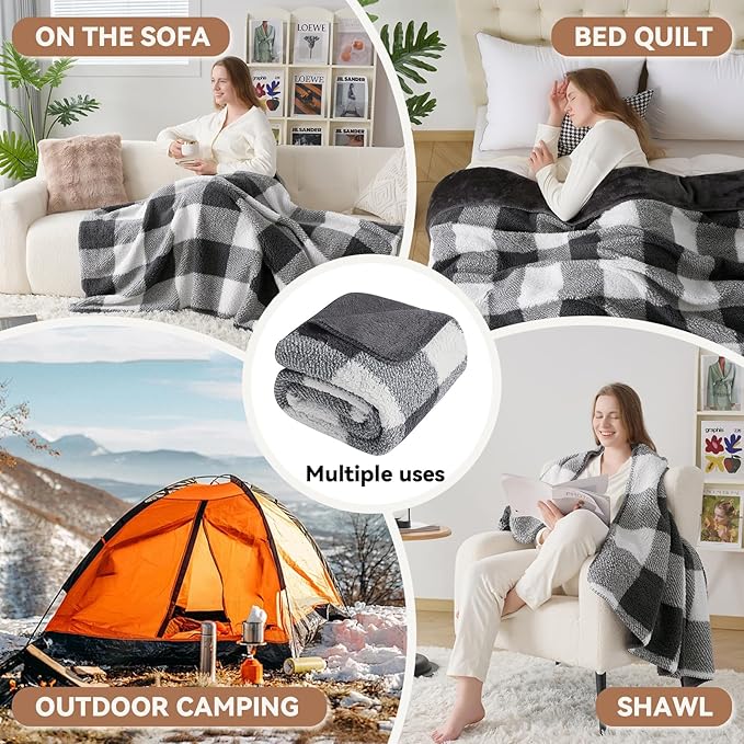 LURKA Checkered Sherpa Fleece Queen-Size Bed Blanket - Extra Thick and Warm Winter Soft Fuzzy Plush Blanket for Couches, Beds & Pets, Smoke Grey, 90x90 Inches-Ruum Studio Home