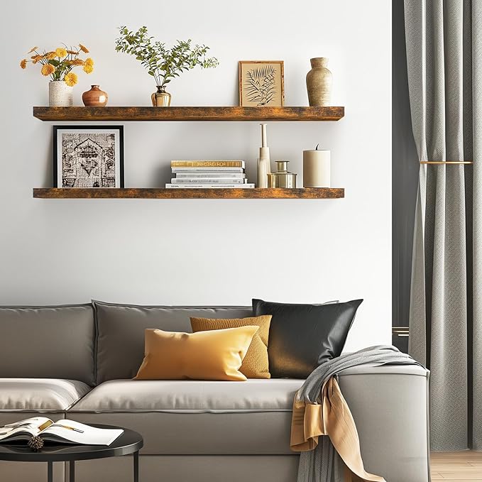 BAYKA Floating Shelves, 48 inches Long Wall Mounted Rustic Wood Shelves for Bathroom, Bedroom, Living Room, Kitchen, Office, Hanging Shelf for Books/Storage/Decor(Rustic Brown,Set of 2)-Ruum Studio Home