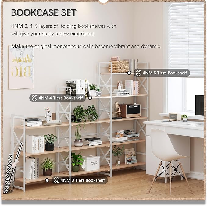 4NM 5 Tiers No Assembly Book Shelves, 51.2" H Folding Bookshelf Bookcase Open Industrial Foldable Shelves for Bedroom, Living Room, Home Office - Natural White-Ruum Studio Home