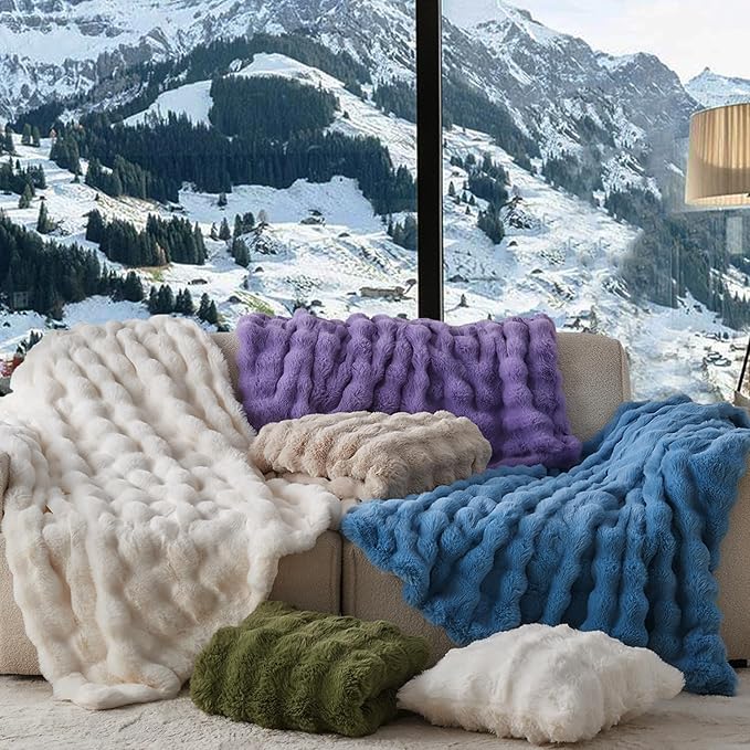 Lotus Karen King Size Faux Fur Blanket Cream White - Big Bubble Rabbit Fluff Throw for Bed Large Fluffy Fuzzy Cozy Thick Furry Plush Shaggy Blankets 108x90 Inches-Ruum Studio Home