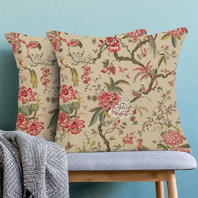 CXMEIFLY Spring Floral Birds Pillow Covers 20 x 20 Inch Set of 2 for Chinoiserie Flowers Decor Throw Pillows Pink Red Plant Outdoor Decorative Cushion Cases for Couch Bed Decorations-Ruum Studio Home