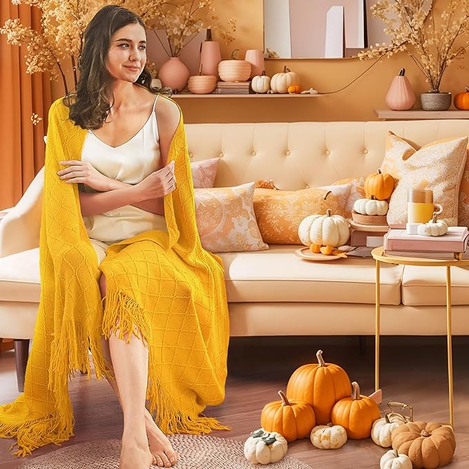 inhand Knitted Fall Throw Blanket for Couch and Bed, Knit Fall Decor Halloween Blanket with Tassel, Mustard Yellow Lightweight Decorative Farmhouse Warm Woven Blankets and Throws for Women, 60"x80"-Ruum Studio Home