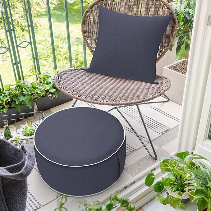 Inflatable Ottoman Stool D21 xH9 for Outdoor/Indoor Use, Water Repellent Patio Foot Rest Stool with Portable Handle,Round Pouf Ottoman Suitable for Garden,Deck and Camping - Textured Navy-Ruum Studio Home