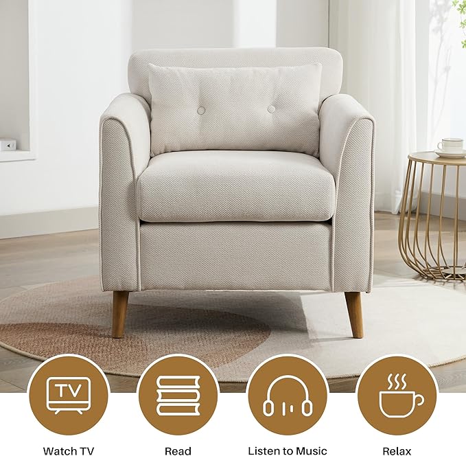 Modern Accent Chair with Wooden Legs Plush Fabric Armchair Chenille Side Single Sofa Chair for Bedroom, Office Cafe Waiting Room Apartment (Beige Armchair)-Ruum Studio Home