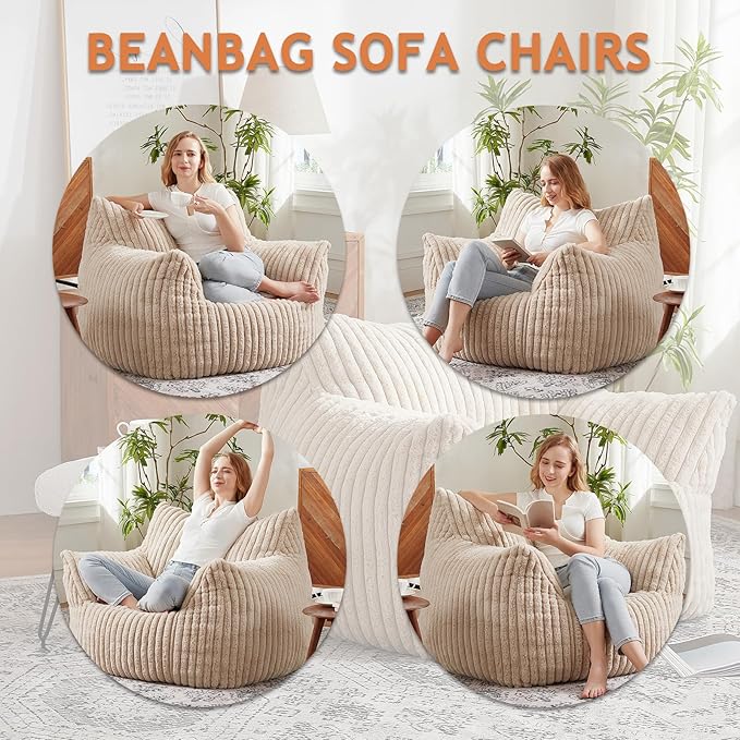 Giant Bean Bag Chairs for Adults with Filling Plush Fluffy Bean Bag Chairs for Teens with Armrests Comfy BeanBag Lazy Couch Sofa Chair for Bedroom Living Room Reading-Ruum Studio Home