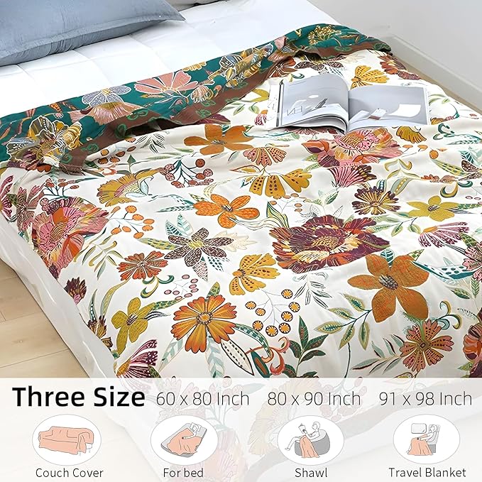 Boho Throw Blanket for Bed - 100% Pure Cotton Ultra Soft Rustic Quilt - Farmhouse Decor Bed Blankets, All Season Rustic Throw for Sofa Couch Chair(91''x 98'', Floral Blossom)-Ruum Studio Home