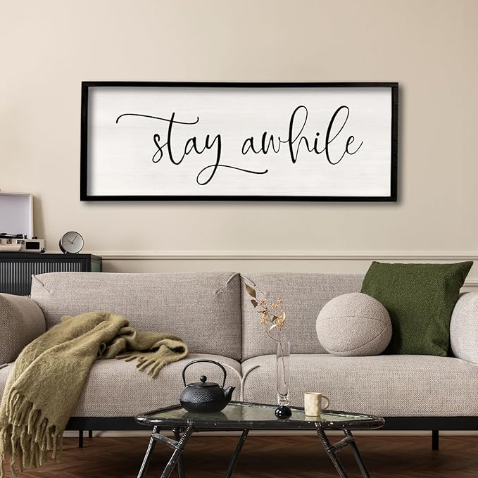 Stay AWhile Sign Wall Decor Sign 40"X15" Large Living Room Entryway Wood Framed Rustic Wall Decor for Vintage Farmhouse Foyer Hanging Lets Stay Home Wall Art (Black)-Ruum Studio Home