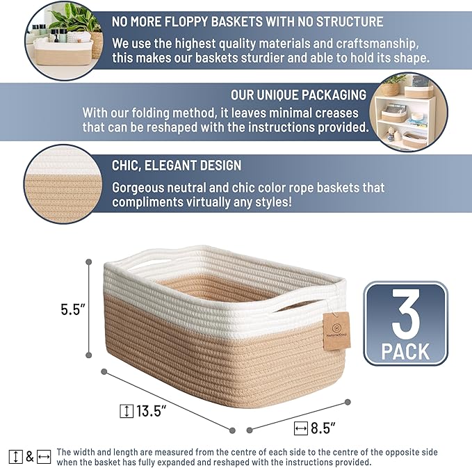 NaturalCozy 13.5”x8.5”x5.5” Storage Baskets for Shelves 3 Pack | Cotton Rope Woven Small Baskets for Organizing | Small Storage Bins for Nursery, Bathroom, Closet, Cube Shelf, Decorative, Gift-Ruum Studio Home