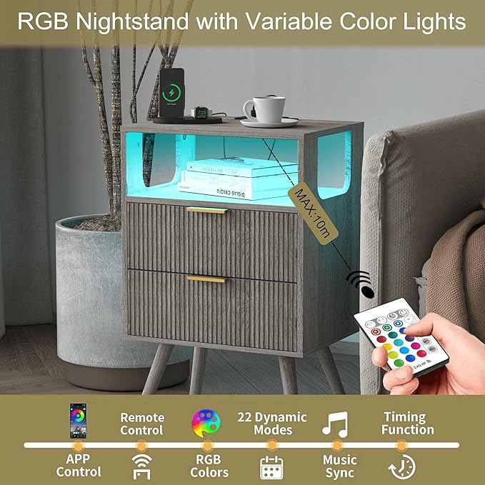 Nightstand with Charging Station and LED Lights,Modern Bedside Table with 2 Storage Drawer and Open Wood Shelf, for Bedroom and Small Spaces,Night Stand with Solid Wood Legs,GreyOak-Ruum Studio Home