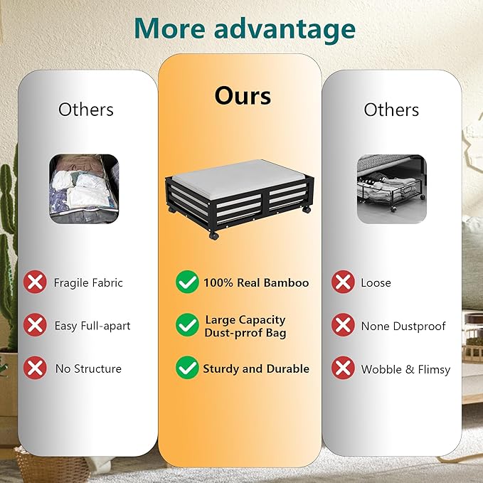 Bamboo Under Bed Storage Containers- Underbed Organizer with Wheels with Large Dust Bag,Sturdy Wood Rolling Under the Bed Shoe Storage Organizer Drawer 2 Pack-Ruum Studio Home