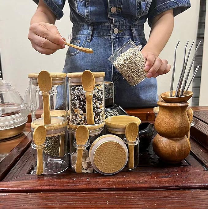 7.6 oz Airtight Mini Glass Jars with Bamboo Lids and Bamboo Spoons, Spice Jars Small Food Storage Containers for Kitchen, Bathroom, Home Decor Set of 8-Ruum Studio Home