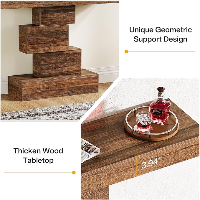 Tribesigns 42.5" Farmhouse Console Table, Narrow Wood Sofa Table Behind Couch with Geometric Base, Industrial Entryway Accent Table for Living Room, Hallway, Entrance (Rustic Brown)-Ruum Studio Home