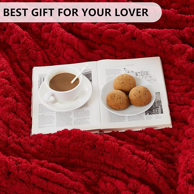 L'AGRATY Chunky Knit Throw: 72''x84'' Chenille Blanket for Bed Couch - Handmade Thick Big Cable Knit - Large Crochet Rope for Home Decor (Red)-Ruum Studio Home