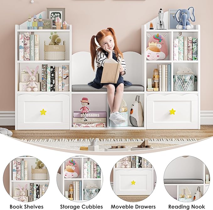 Kids Bookshelf with Reading Nook, Kids Bookcase with Soft Cushion Seat, 2 Wheels Drawers and 8 Storage Cubbies, Toy Storage Organizer for Kid's Room Playroom, Bedroom, School, White-Ruum Studio Home