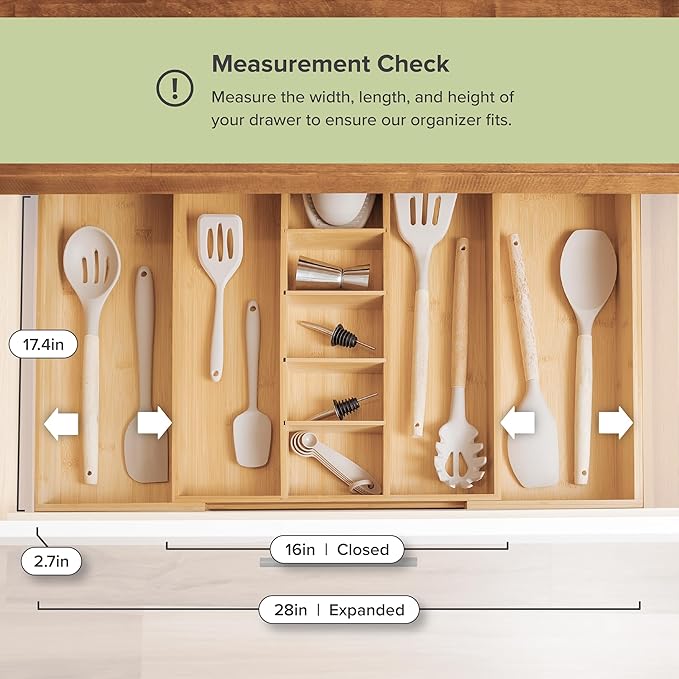 Adjustable Kitchen Drawer Organizer for Utensils and Junk, Food-Safe Contract Grade with 100% Sustainable Wood, Expandable from 16 to 28 Inches Wide - Natural Bamboo-Ruum Studio Home