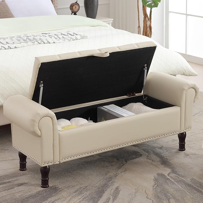 51" Storage Ottoman Bench for Bedroom, Full Queen Storage Bench with Button, Upholstered Bedroom Bench with Rolled Arms for Living Room, Storage Room, Entryway, Beige+Brown Legs-Ruum Studio Home