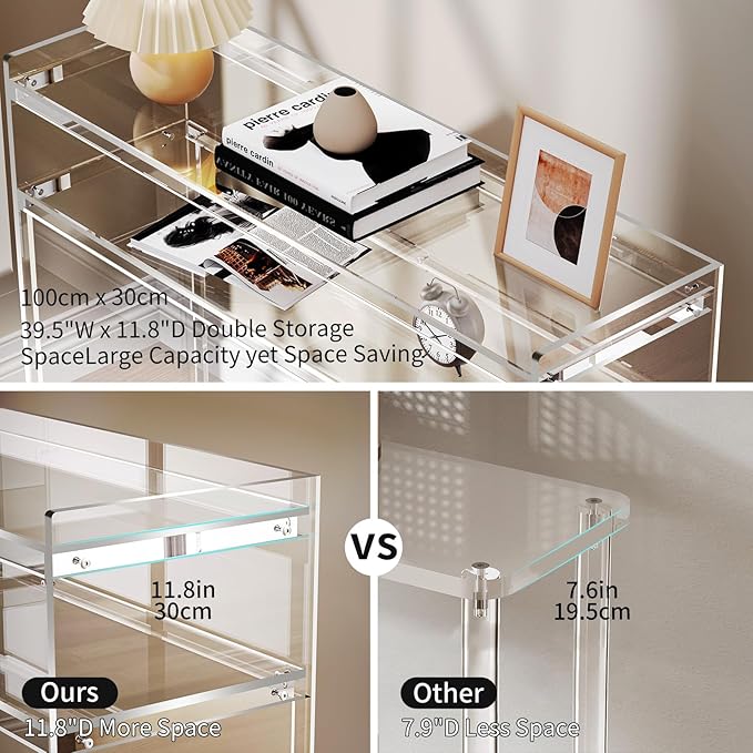 Acrylic Console Table, Entryway Table with Storage Shelves (1, 39.4 * 31.5 * 11.7) (Clear)-Ruum Studio Home