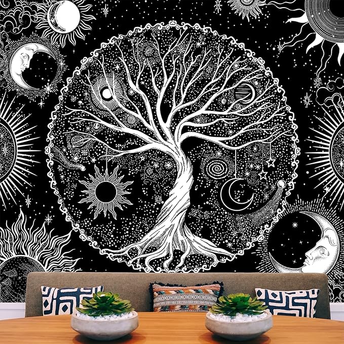 AACKart Tree of Life Tapestry for Bedroom Aesthetic Room Decor-Black and White Spiritual Tree Tapestry Wall Hanging with Sun Moon Star 59.1 x 51.2 inches-Ruum Studio Home