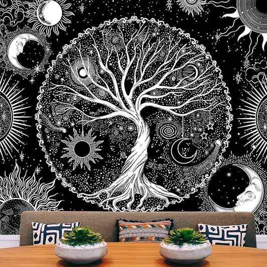 AACKart Tree of Life Tapestry for Bedroom Aesthetic Room Decor-Black and White Spiritual Tree Tapestry Wall Hanging with Sun Moon Star 59.1 x 51.2 inches-Ruum Studio Home