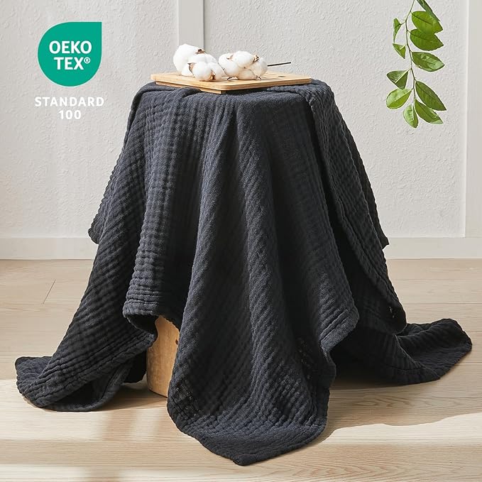 EMME Cotton Muslin King Blanket Bed Layering Breathable Gauze Blanket Soft Lightweight Blankets Adults (Black, 108"x90")-Ruum Studio Home