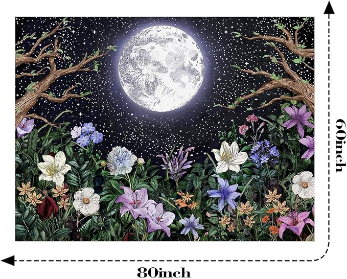 Neasow Aesthetic Moon Garden Tapestry Wall Hanging, Night Landscape with Colorful Plants Floral Tapestries for Bedroom Home Decor Multi Color 60×80 inch (150cm×200cm)-Ruum Studio Home