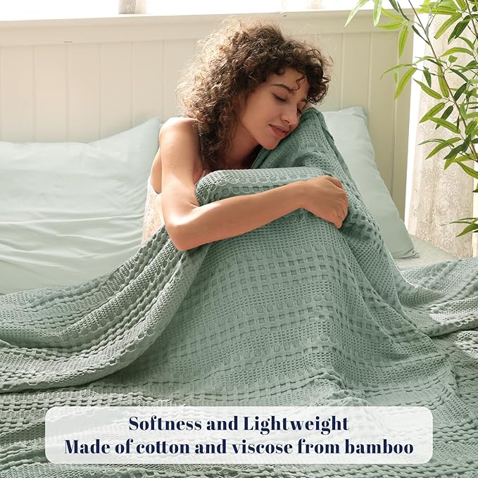 PHF Cooling Waffle Blanket Twin Size, Lightweight 60% Rayon Derived from Bamboo & 40% Cotton Breathable Blanket for Hot Sleepers, Soft and Luxury for Bed Couch and Sofa, 66"x90", Sage Green-Ruum Studio Home