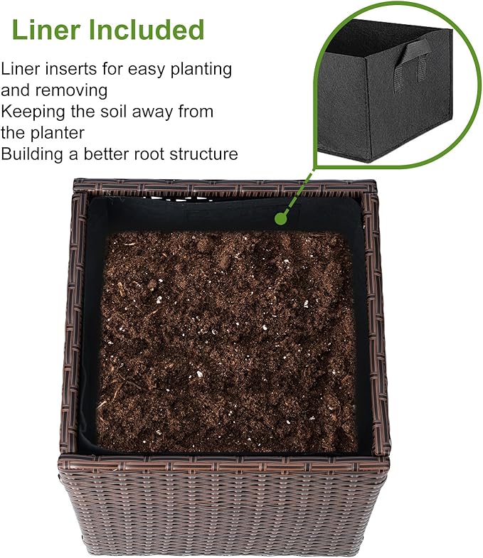 LEWIS&WAYNE Large Square Planter Box Handmade Wicker Tall Planters for Outdoor Plants with Removable Liners Modern Planter for Indoor Outdoor Garden Patio Front Porch - Brown, 17''x17''x18''-Ruum Studio Home
