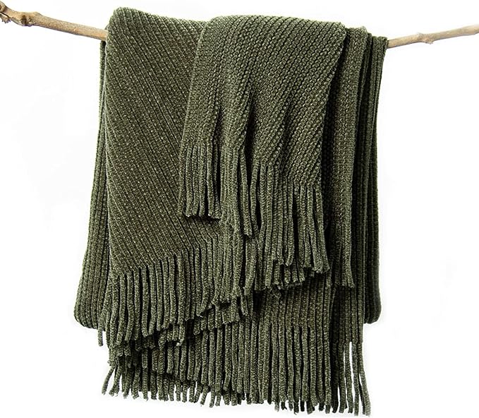 lifein Throw Blanket for Couch, Soft Green Boho Decor Bed Throw,Cozy Knitted Chenille Farmhouse Lightweight Throw for Spring(Olive Green,60 * 80")-Ruum Studio Home
